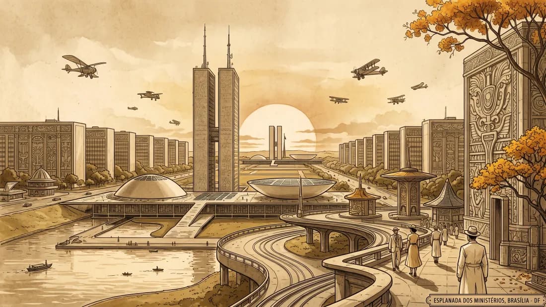 Ilustração retro-futurista da Esplanada dos Ministérios, em Brasília