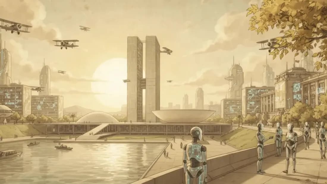 Ilustração retro-futurista da Esplanada dos Ministérios com robôs caminhando entre as pessoas